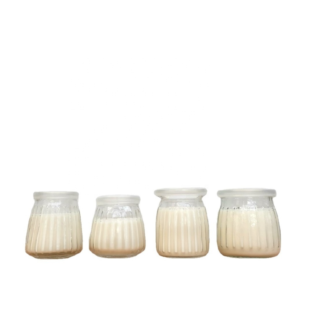 Manufacturer Straight hair vertical stripes yogurt pudding cup Glass creme brulee bottle with lid baby bottle Mousse jelly cup w