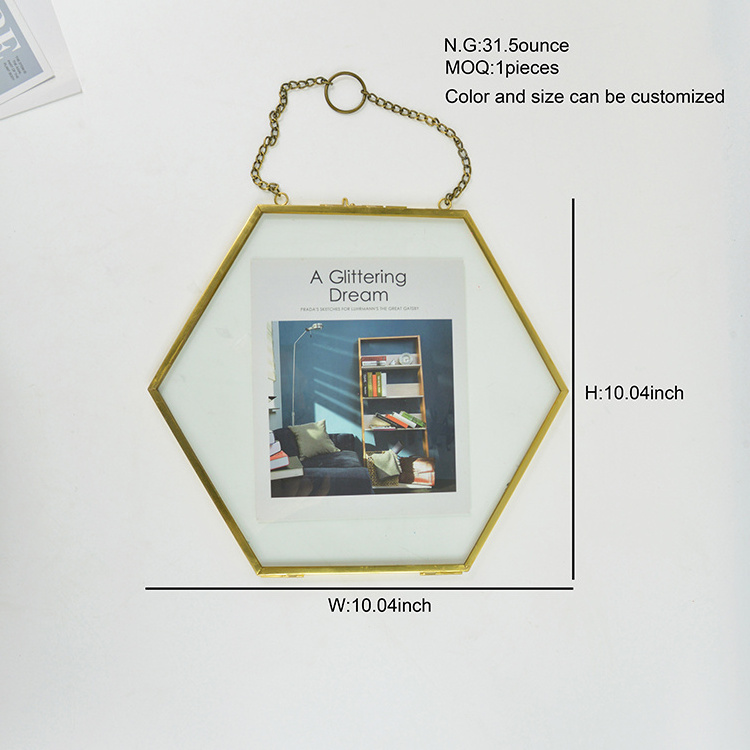 Wholesale mini metal  hexagonal black glass photo frame hanging for home decoration