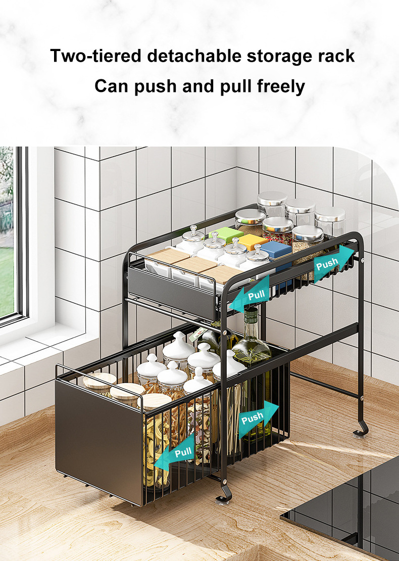 Bathroom Kitchen 2 Tier Under Sliding Cabinet Basket  Storage Sink Organizers storage holders racks