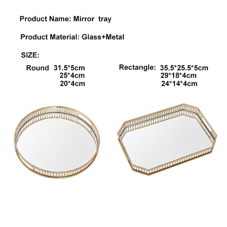 Custom high quality Modern Perfume Vanity Home Decor Round Jewelry Glass Luxury Gold Metal Serving Decorative Mirror Tray