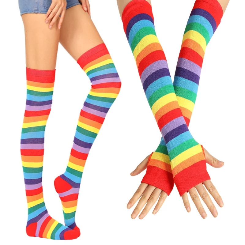 Ladies dancing party stocking rainbow arm striped knitted thigh high colorful finger-less  party socks