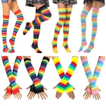 Ladies dancing party stocking rainbow arm striped knitted thigh high colorful finger-less  party socks