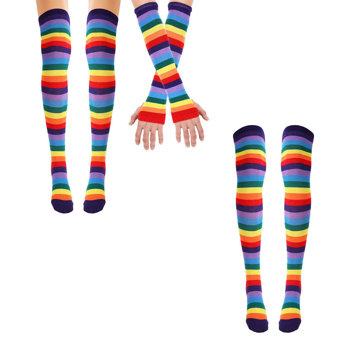 Ladies dancing party stocking rainbow arm striped knitted thigh high colorful finger-less  party socks