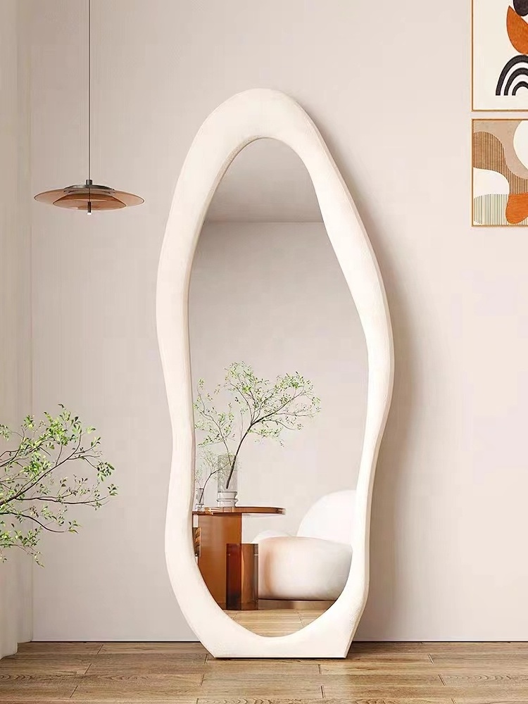 Customize Espejos Salon Suede Wavy Geometry Stand Full Body Full Length Floor Mirror for living room