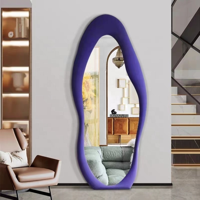 Customize Espejos Salon Suede Wavy Geometry Stand Full Body Full Length Floor Mirror for living room