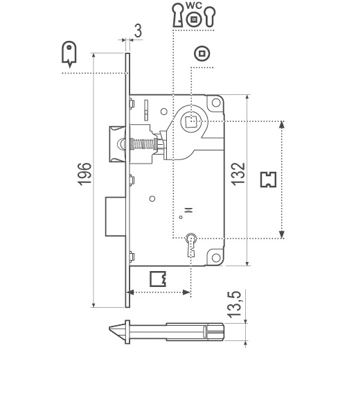 AGB CENTRO 50mm Stainless Steel bolt key bathroom cylinder lock Mortise Door Safety Lock Set Latch Lock for Passage Door