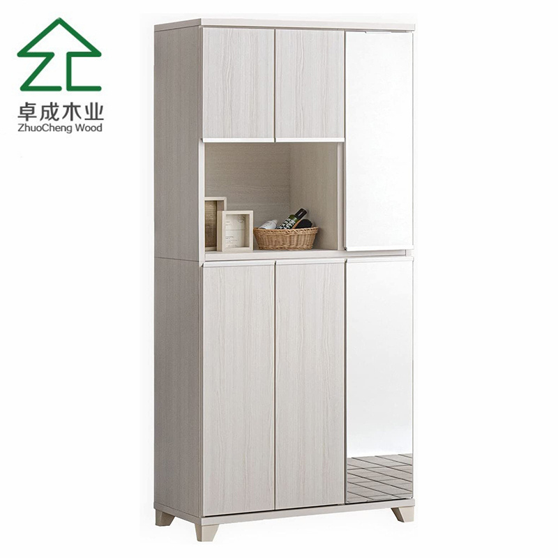 Creative Three-Door High Gloss White Shoes Display Cabinet With Drawers And Mirror