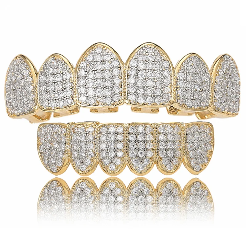 ZF 2024 Cubic Zircon Hip Hop Fangs Teeth Grillz Top & Bottom Grills Dental Mouth Punk Teeth Caps Cosplay Party Rapper Jewelry