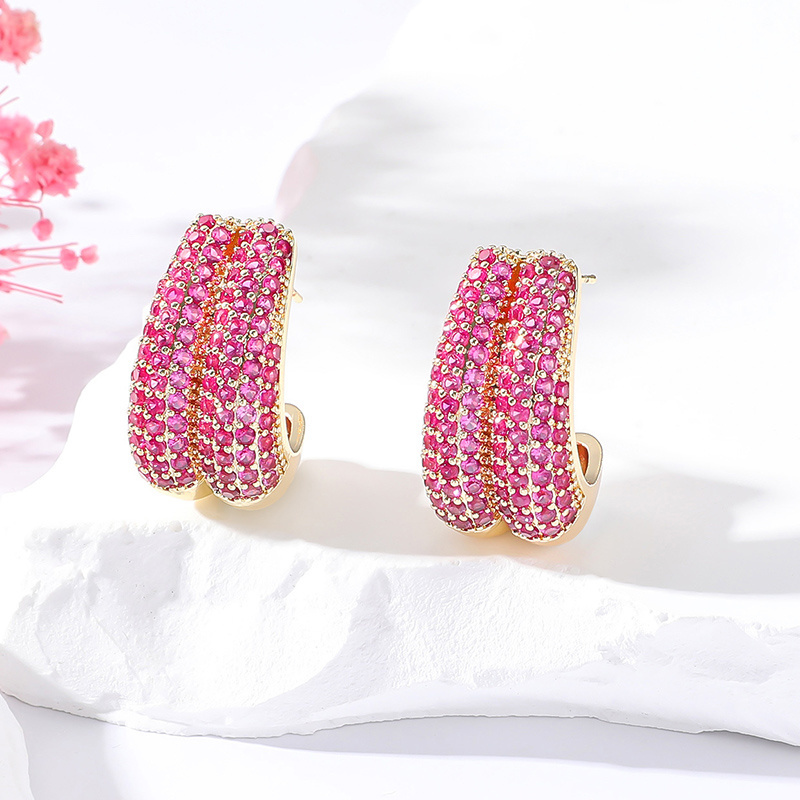 New Arrival C Shape Earrings Gold Colorful Cubic Zirconia Fashion Jewelry 14K Gold Plated Simple Geometric Chunky Stud Earrings