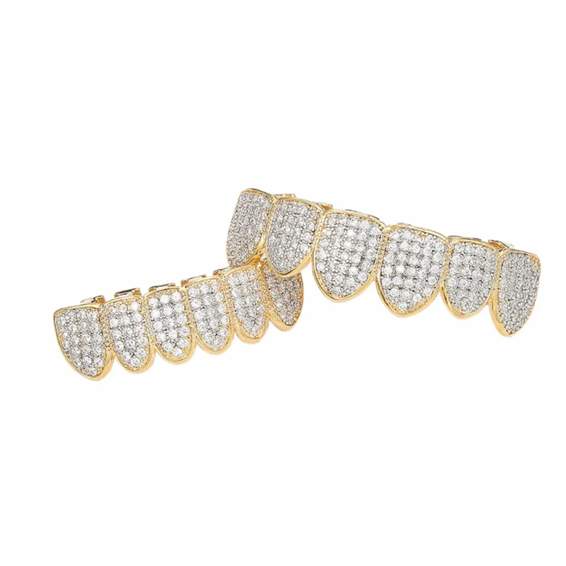 ZF 2024 Cubic Zircon Hip Hop Fangs Teeth Grillz Top & Bottom Grills Dental Mouth Punk Teeth Caps Cosplay Party Rapper Jewelry