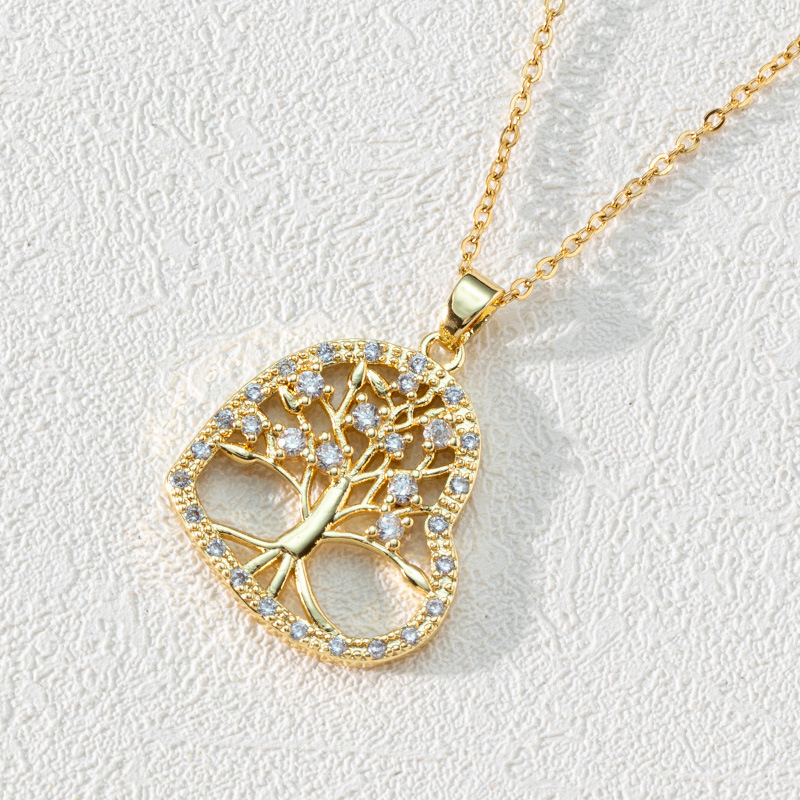 Popular Round Hollow Tree of Life Pendant Necklace Gold-plated Zircon Choker Clavicle Chain Stainless Steel 18K Brass Vintage