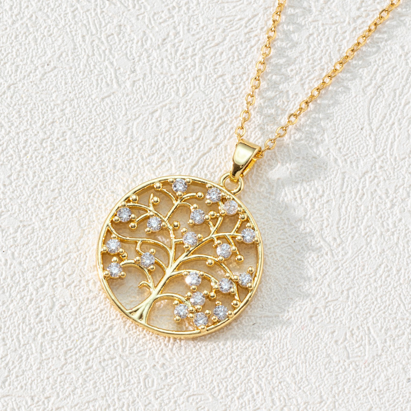 Popular Round Hollow Tree of Life Pendant Necklace Gold-plated Zircon Choker Clavicle Chain Stainless Steel 18K Brass Vintage