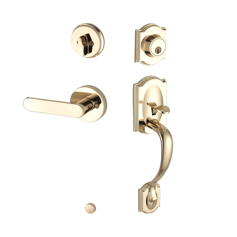 Gold Front Door Lock Set with Reversible Handle Lever Classic Brass Front Door Hardware