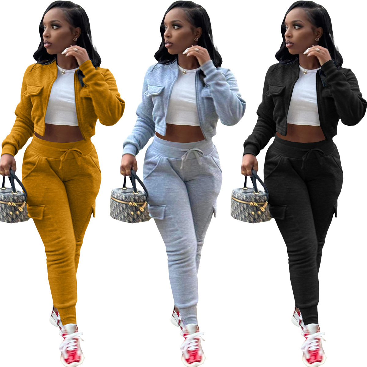 Fall Winter Casual Cargo Jogger Set Two Piece Outfits Women Clothes 2023 Zip Jacket Set Women Tracksuits Cargo Sweatsuits