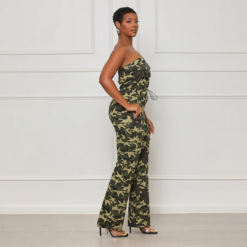 Latest Design Strapless Sleeveless Women Jumpsuit High Waist Patchwork Zip Camouflage Jumpsuits For Women 2023