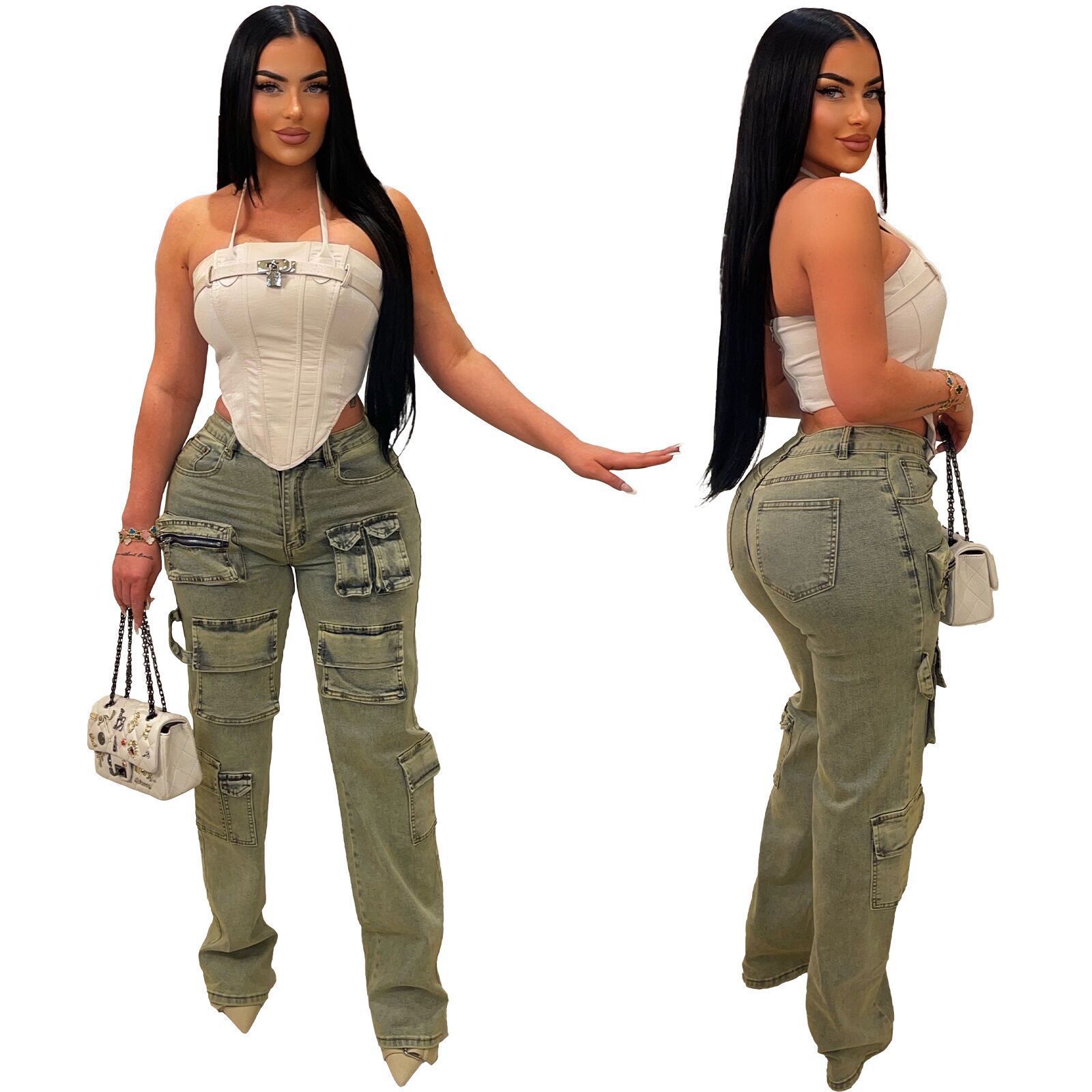 Summer Products Fashion Casual Denim Pants Solid Color Straight Pants Multi Pocket Cargo Jeans For Ladies