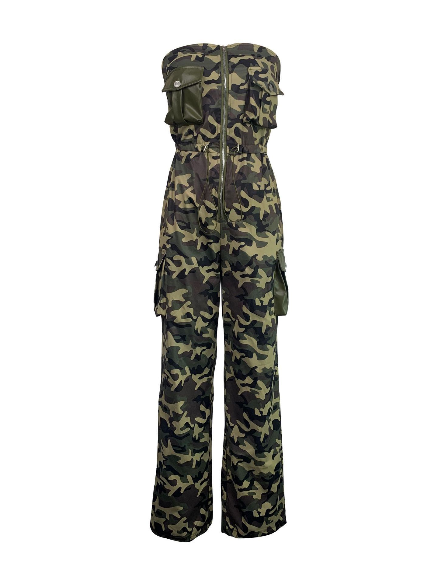 Latest Design Strapless Sleeveless Women Jumpsuit High Waist Patchwork Zip Camouflage Jumpsuits For Women 2023