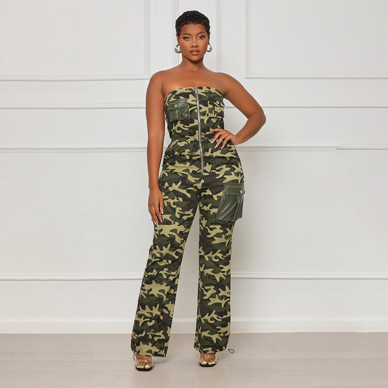 Latest Design Strapless Sleeveless Women Jumpsuit High Waist Patchwork Zip Camouflage Jumpsuits For Women 2023