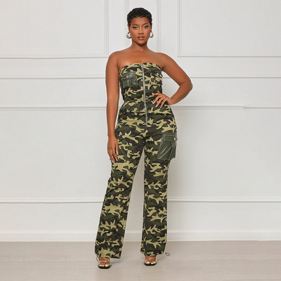 Latest Design Strapless Sleeveless Women Jumpsuit High Waist Patchwork Zip Camouflage Jumpsuits For Women 2023 BestSuppliers