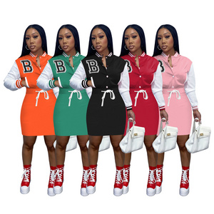 Women Clothes 2022 Fall Women Long Sleeves Bodycon Dress Letter Embroidery Baseball Jersey Dress Button Down Casual Dresses