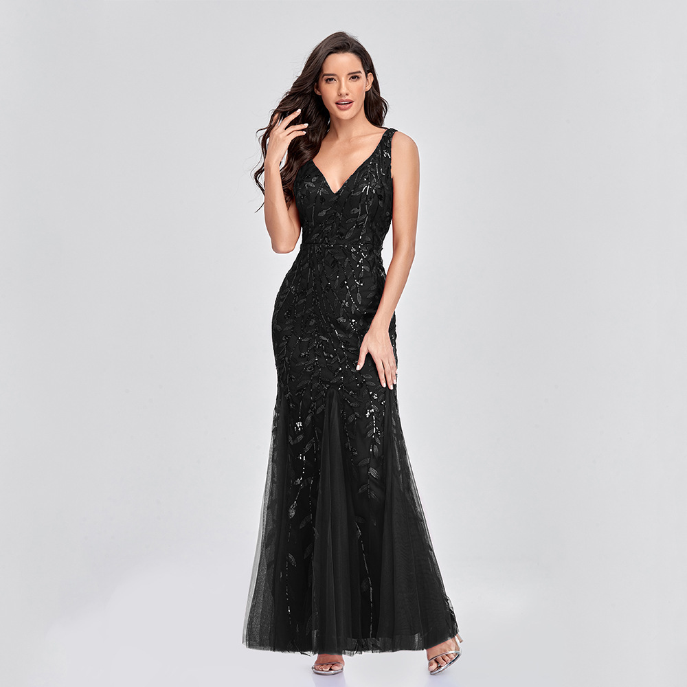 2022 Backless Sequin Elegant Black Long Evening Dress V Neck Slim Mermaid Bodycon Prom Dresses Women Party Dresses