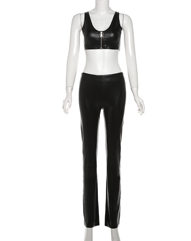 Black PU Leather Outfits Summer Clothes2024 Sleeveless Halter Zipper Top Two Piece Pants Suits Women Sexy Leather Long Pants Set