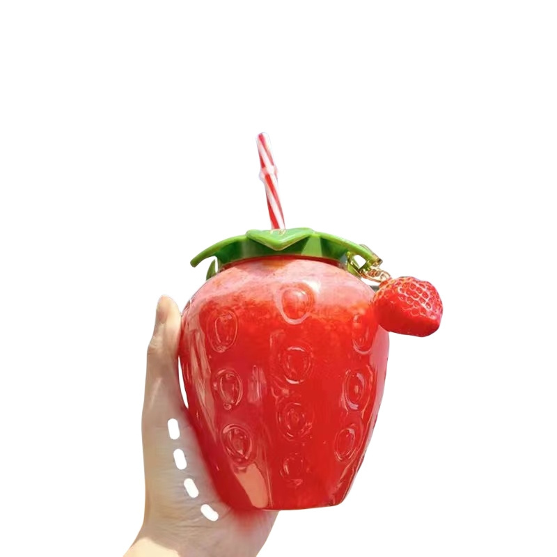 Plastic Mug Strawberry Bottle Plastic  Water bottle Fruit Drink Disposable Plastic Water Bottle With Straws Creative Led Light