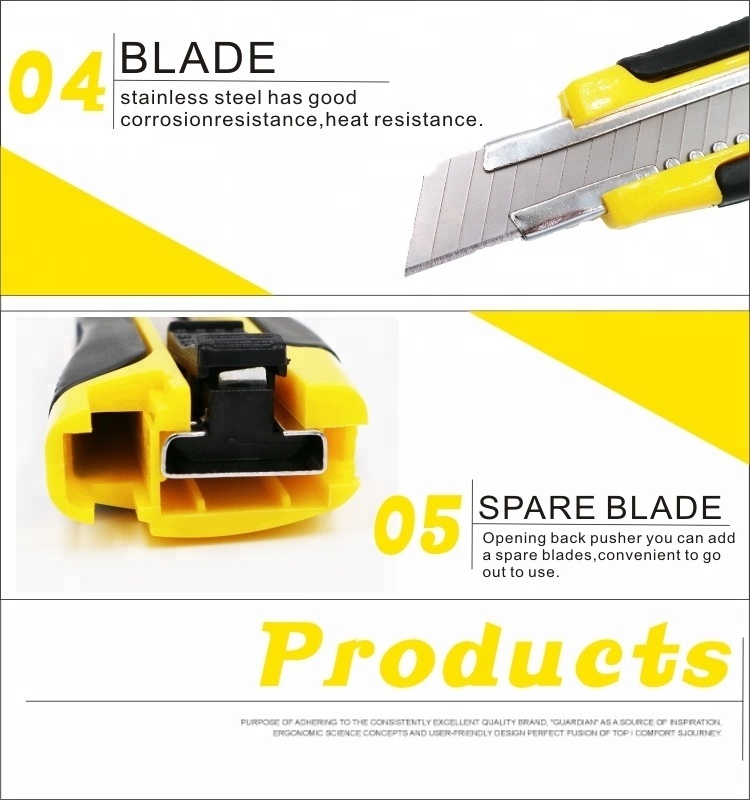 18MM Quick Change Reload Blade Retractable Lockable Pusher Utility Knife With 3pcs Spare Blade