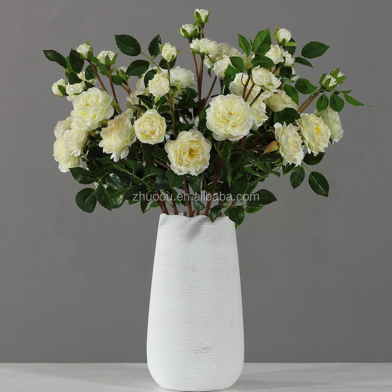 ZERO Promotional High Quality 6 Fork Silk Vision Flowers Wholesale Silk Cabbage Roses Artificial Flowers White For Decoration