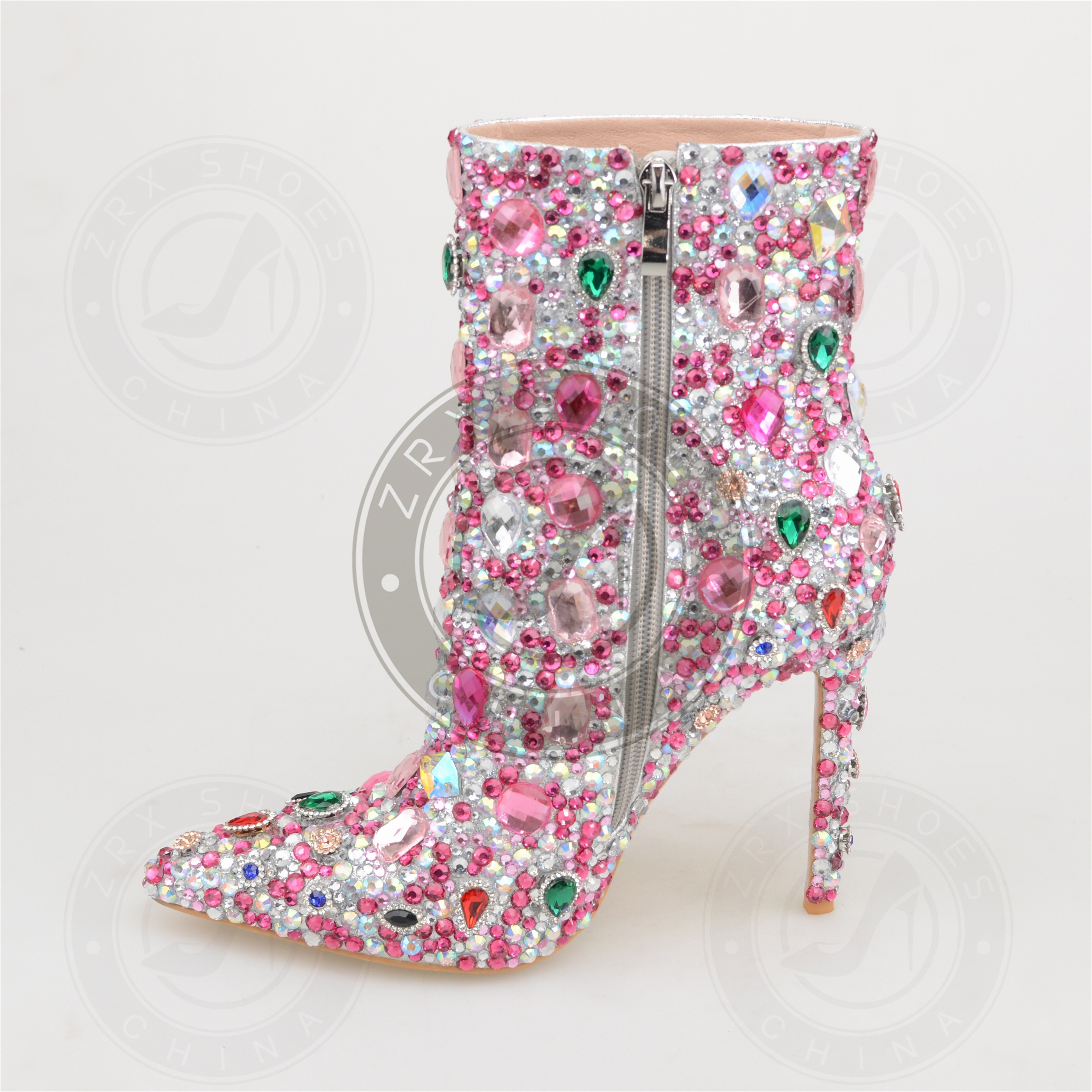 2024 Customized Fashion Diamond-encrusted Jewelry Stiletto heel Womens Shoes Rhinestones Rainbow Colors Ankle Boots  High Heel B