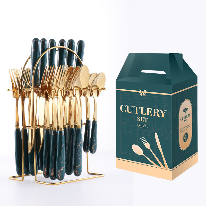 Luxury Ceramic Handle Gold Cutlery Set with Stand Holder 24 Pieces Stainless Steel Flatware Gift Set