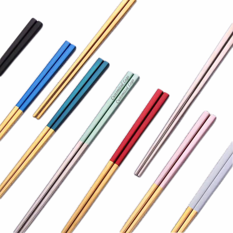 Customized Logo 304 Stainless Steel Metal Chopstick  With Titanium Plated Gold Japanese Chopsticks