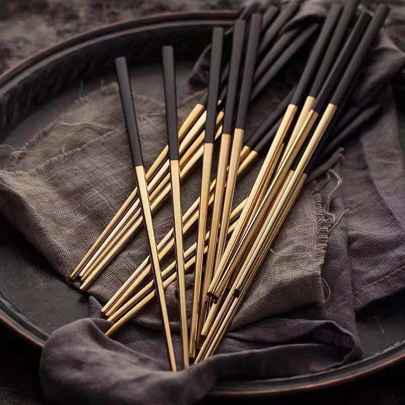 Customized Logo 304 Stainless Steel Metal Chopstick  With Titanium Plated Gold Japanese Chopsticks