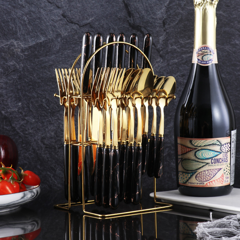 Luxury Ceramic Handle Gold Cutlery Set with Stand Holder 24 Pieces Stainless Steel Flatware Gift Set