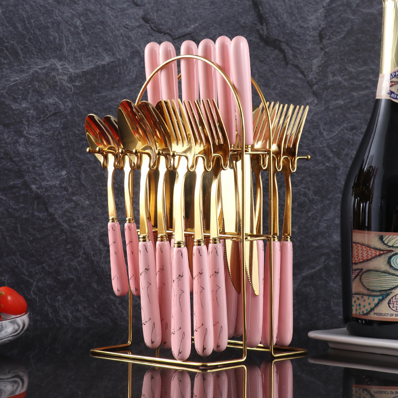 Luxury Ceramic Handle Gold Cutlery Set with Stand Holder 24 Pieces Stainless Steel Flatware Gift Set