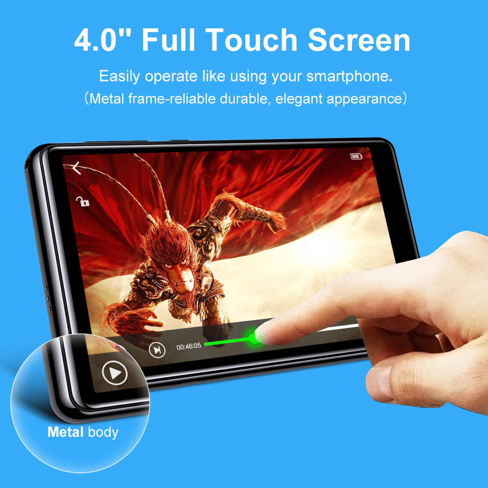 Bluetooth and WiFi MP3 MP4 Player 4.0 inch IPS Touch Screen with Speaker 1080p Multilingual Music Player