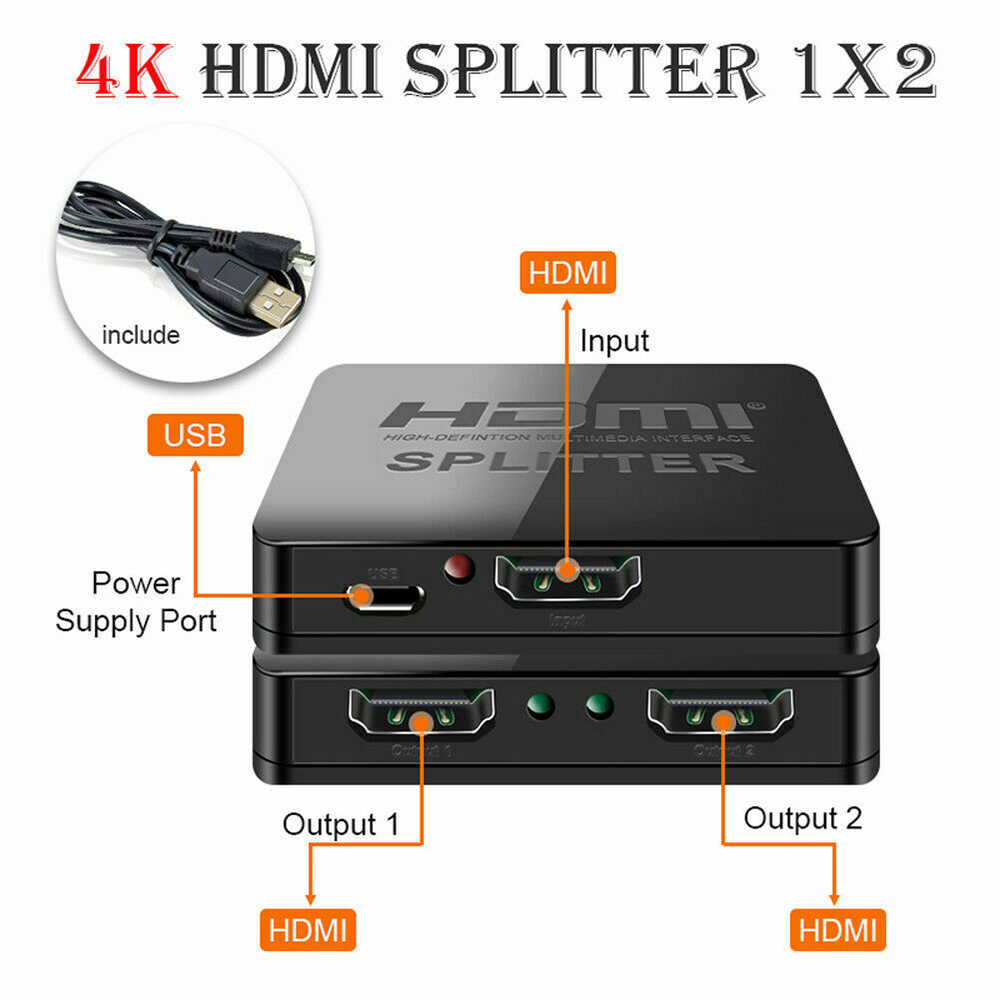 1x2 4K HD-MI Splitter Switch 1 in 2 out Video Distributor Amplifier 1080P Dual Display for HDTV Box PC Laptop Monitor Projector