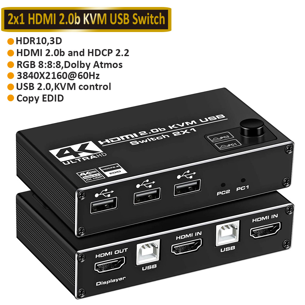 HDMI 2.0 KVM Switch Splitter 4K 60hz USB Switcher Adapter 2 in 1 out for Computer Laptop Shared Keyboard Mouse Monitor