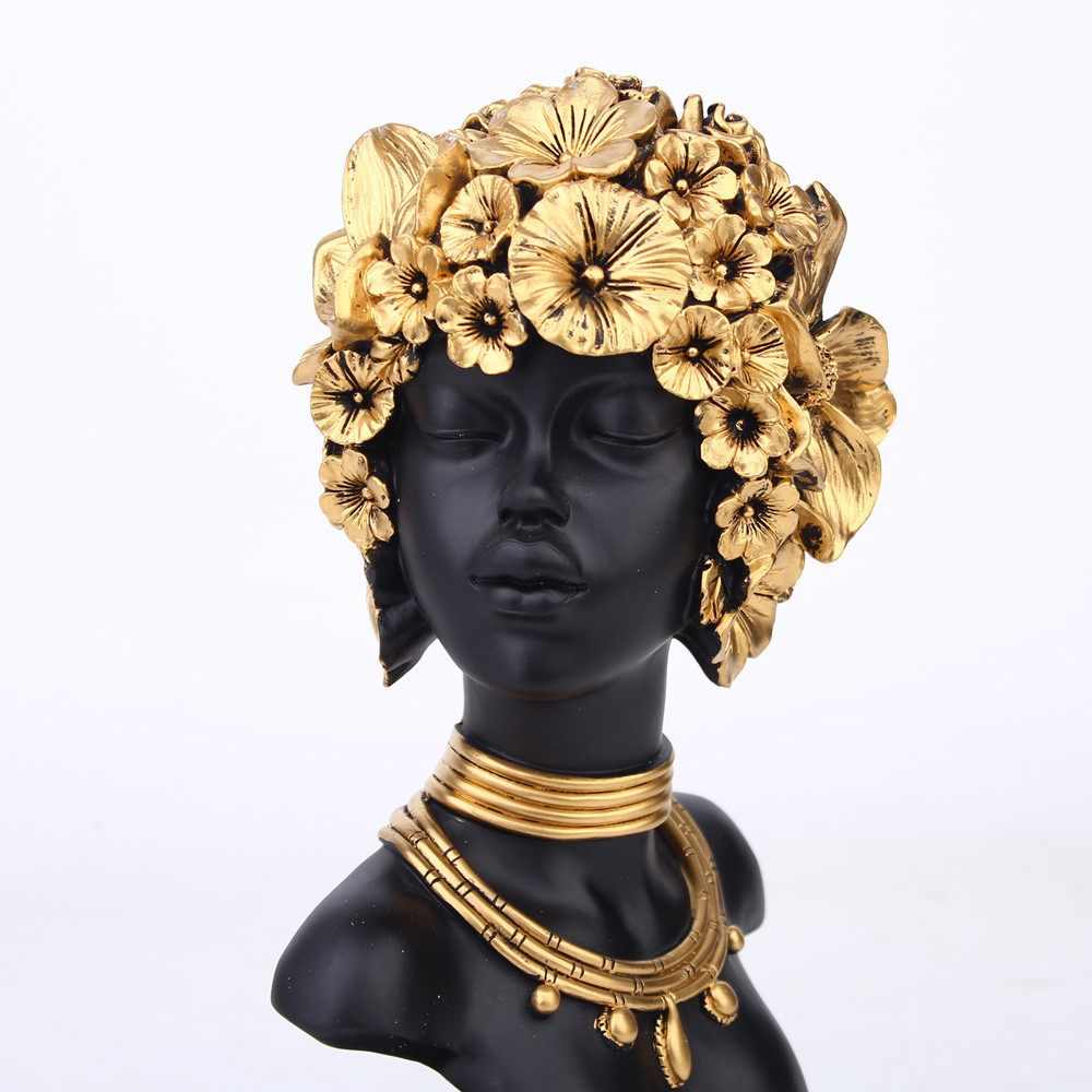 Creative African Lady Black Gold Bust Art Sculptures African American Resin Statue for Living Room, Bedroom Decor