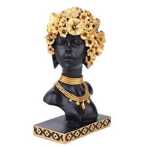 Creative African Lady Black Gold Bust Art Sculptures African American Resin Statue for Living Room, Bedroom Decor