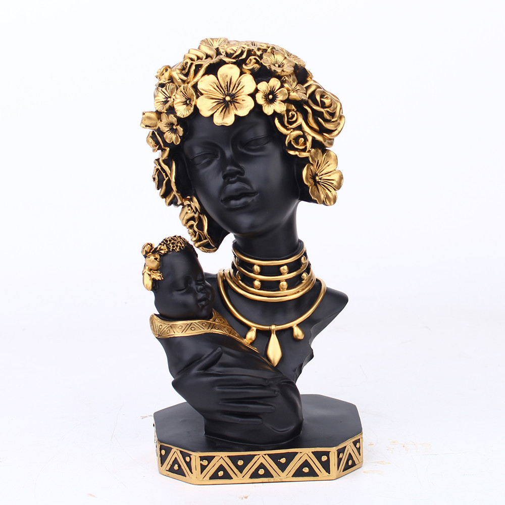 Creative African Lady Black Gold Bust Art Sculptures African American Resin Statue for Living Room, Bedroom Decor