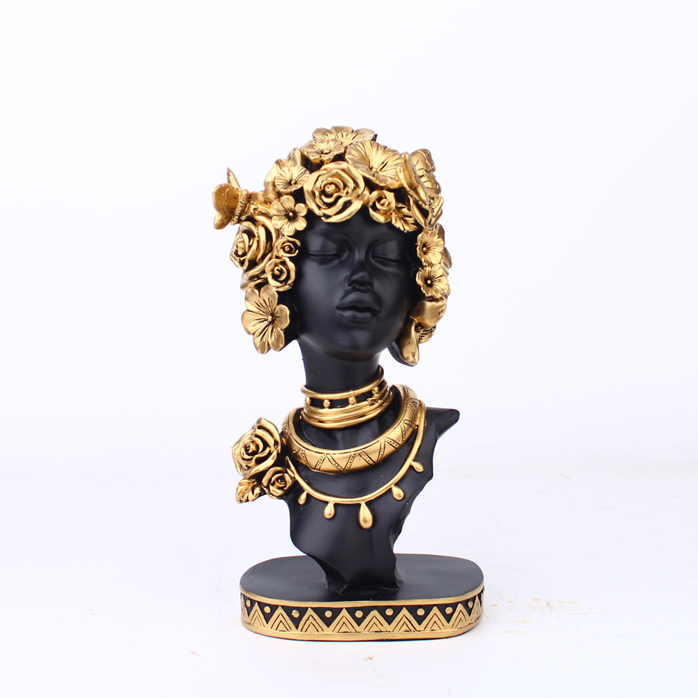 Creative African Lady Black Gold Bust Art Sculptures African American Resin Statue for Living Room, Bedroom Decor