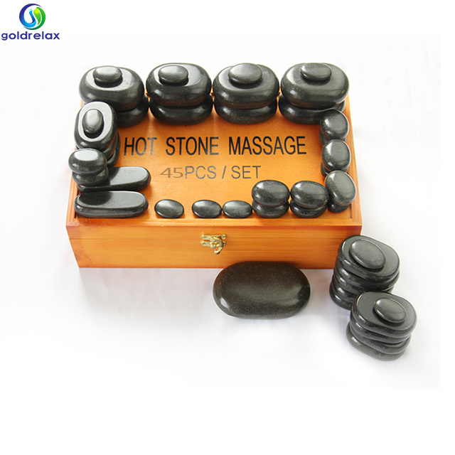 45-Piece Basalt Stone Massage Set with Infrared Physiotherapy for Body Treatment Packaged in Bamboo Box