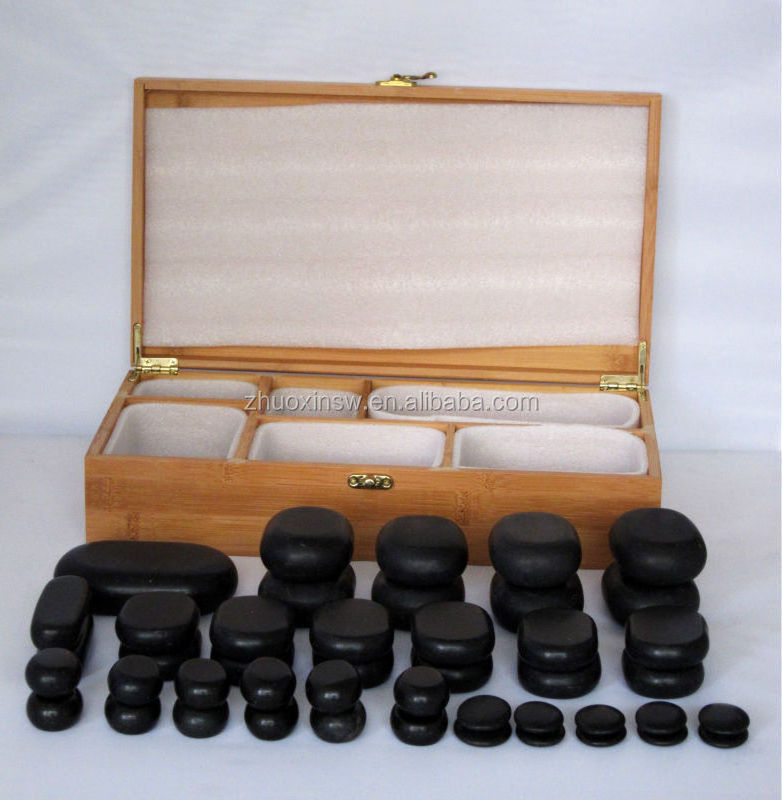 45-Piece Basalt Stone Massage Set with Infrared Physiotherapy for Body Treatment Packaged in Bamboo Box