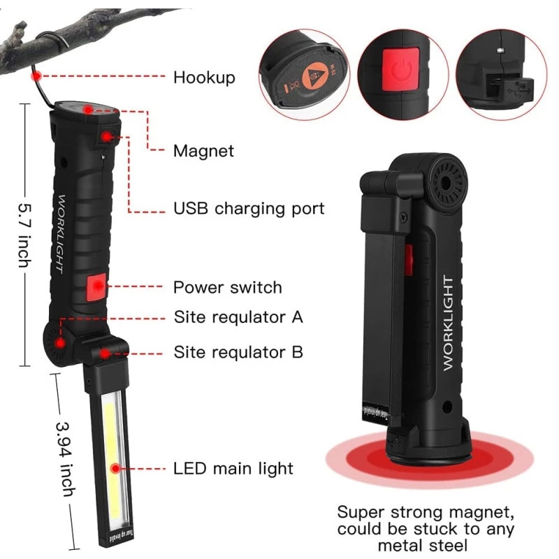 Portable Fold LED Inspection Rechargeable Garage Light Magnetic COB Work Light