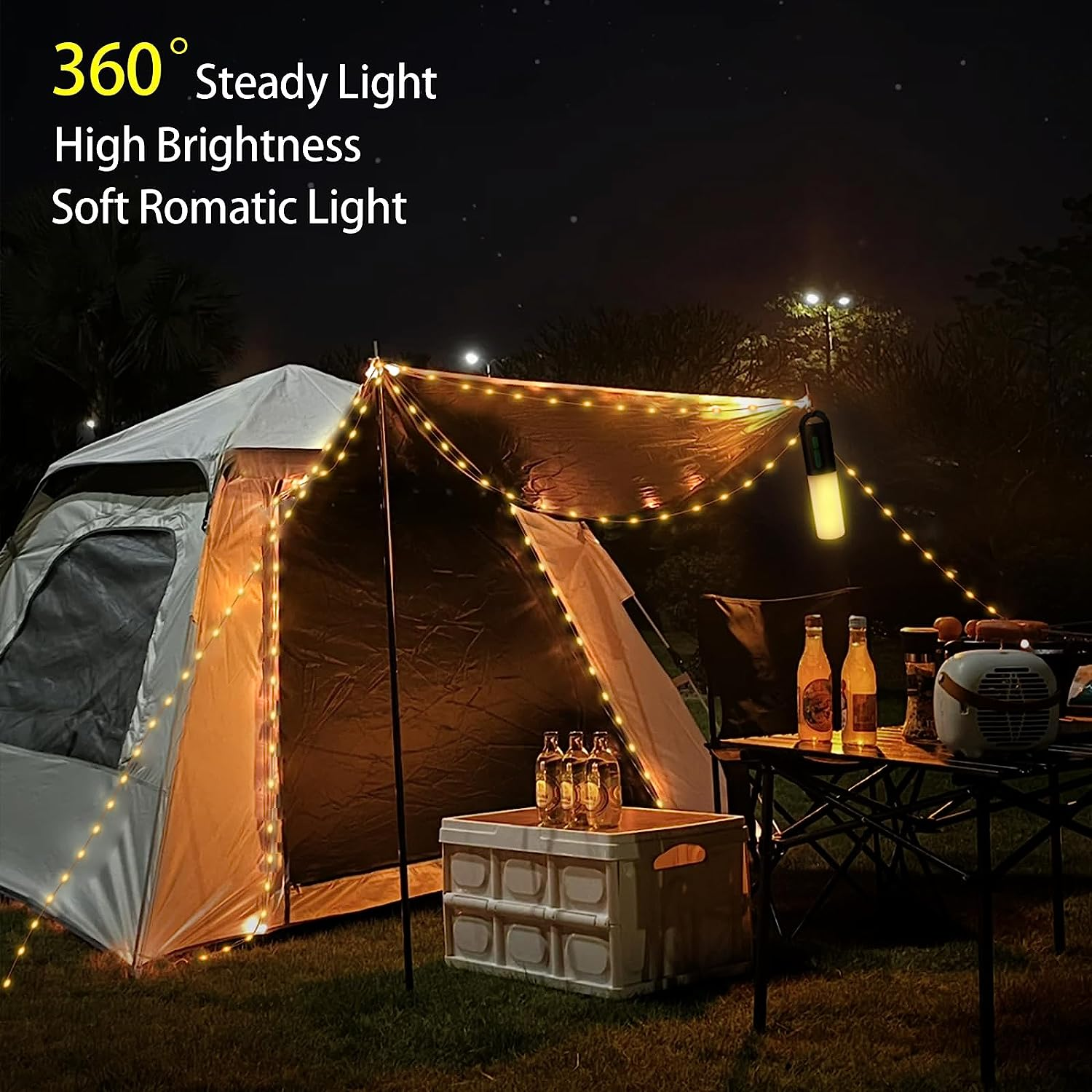 Camping Lantern Rechargeable with String Light Torch 4000mAh 7 Brightness Dimmable for Tents Garden Bedroom Emergency Hiking