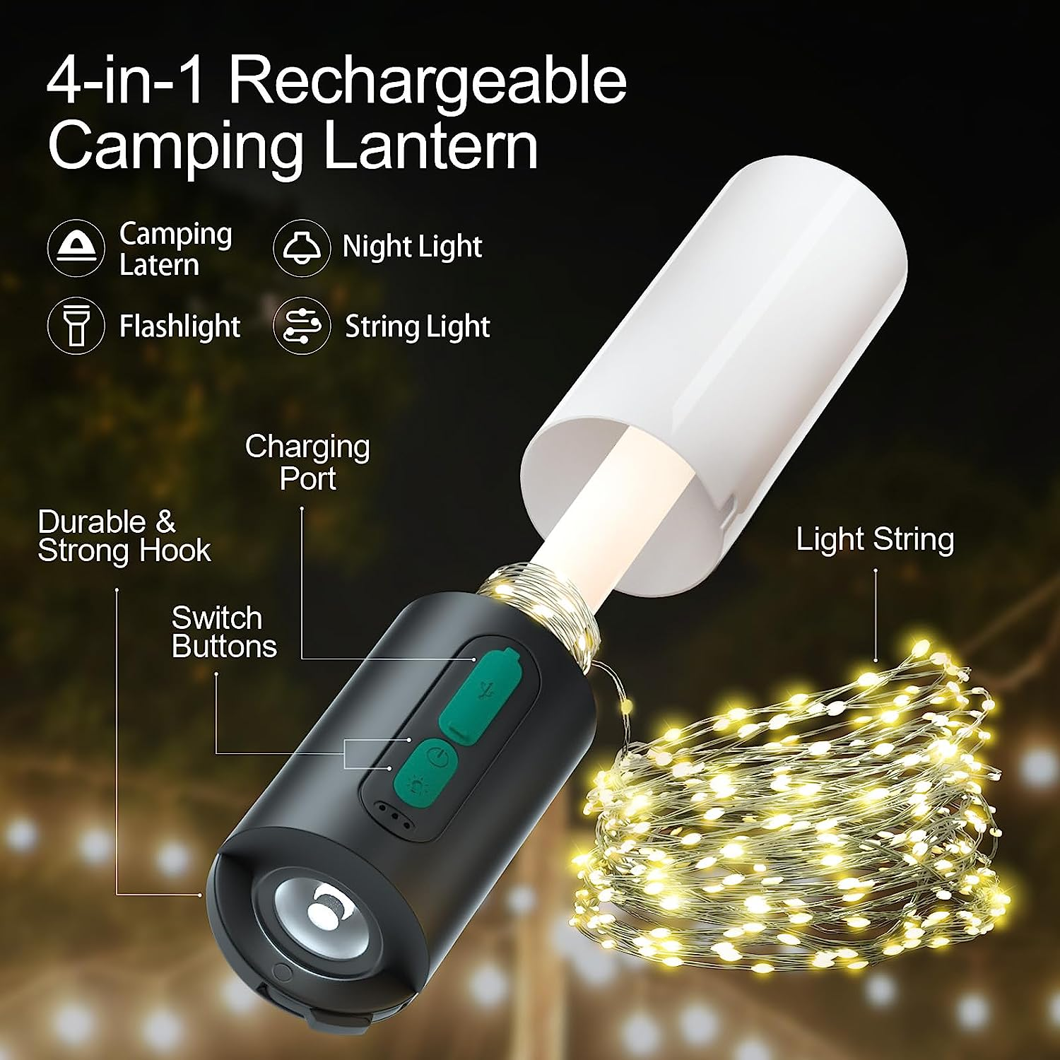 Camping Lantern Rechargeable with String Light Torch 4000mAh 7 Brightness Dimmable for Tents Garden Bedroom Emergency Hiking