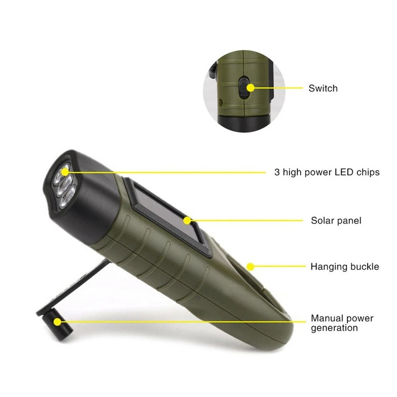 LED Flashlight Survival Gear Self Hand Crank Solar Powered Rechargeable Torch Dynamo for Fishing Boating Hiking