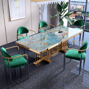 Restaurant furniture stainless steel Rectangle dining room set dining table set marble dining table with 10  chairs for home