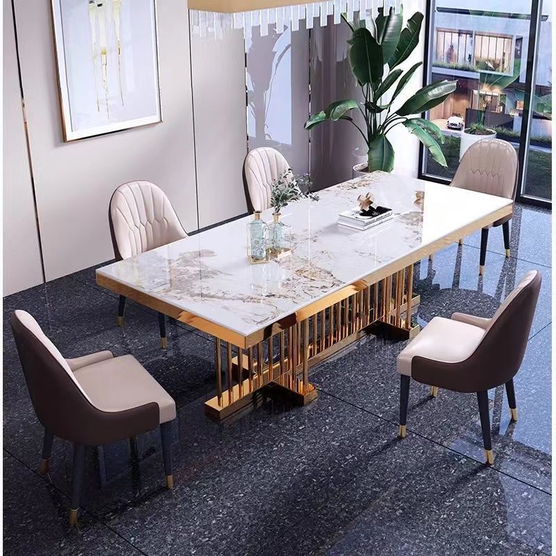 Restaurant furniture stainless steel Rectangle dining room set dining table set marble dining table with 10  chairs for home